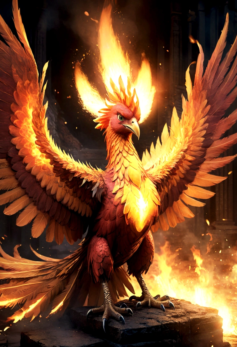 moltres from pokemon, beautiful detailed eyes, beautiful detailed lips, extremely detailed eyes and face, long eyelashes, mythical phoenix bird, detailed feathers, detailed wings, fire, burning, glowing, dramatic lighting, dramatic pose, cinematic, epic, fantasy, concept art style