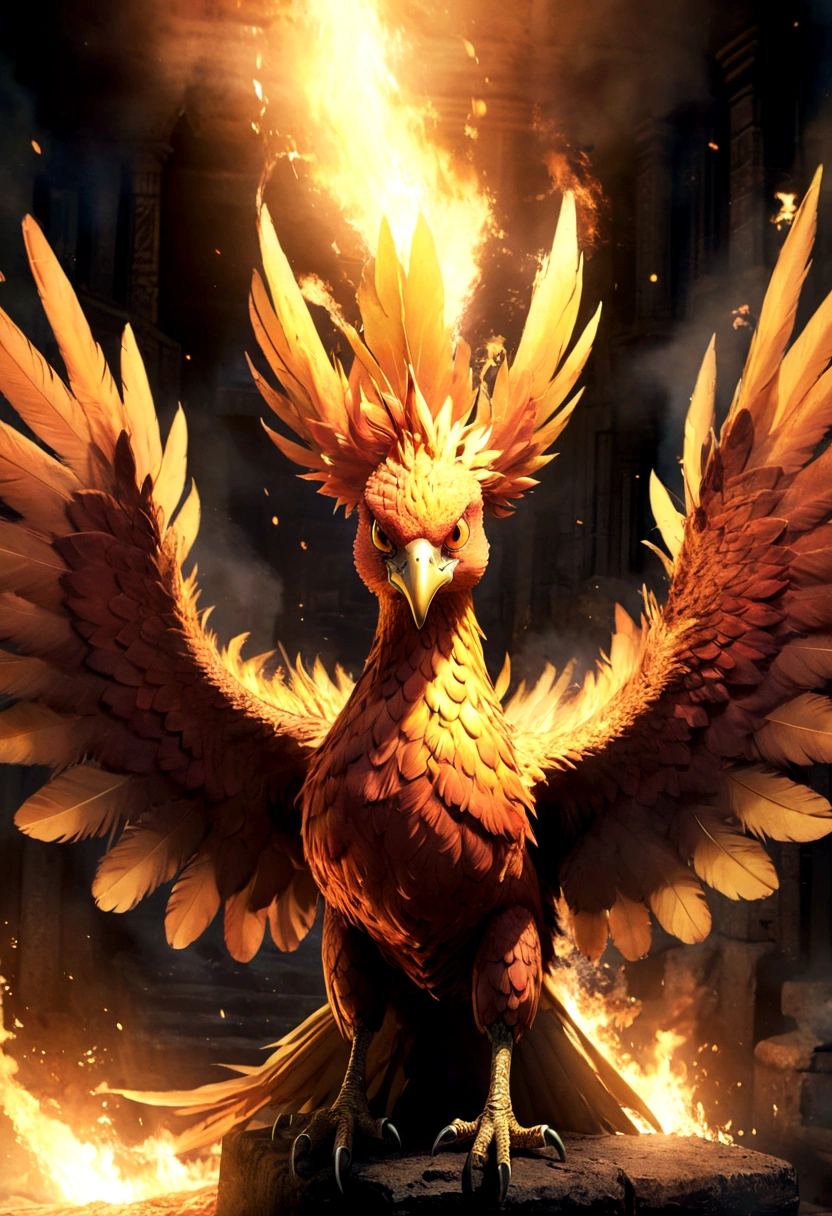 moltres from pokemon, beautiful detailed eyes, beautiful detailed lips, extremely detailed eyes and face, long eyelashes, mythical phoenix bird, detailed feathers, detailed wings, fire, burning, glowing, dramatic lighting, dramatic pose, cinematic, epic, fantasy, concept art style