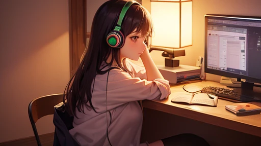 Beautiful girl studying in her room while listening to music on headphones　Warm lighting　Beautiful night view　Japanese anime style