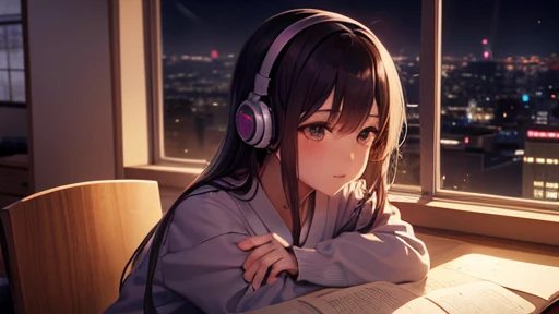 Beautiful girl studying in her room while listening to music on headphones Warm lighting Beautiful night view Japanese anime style