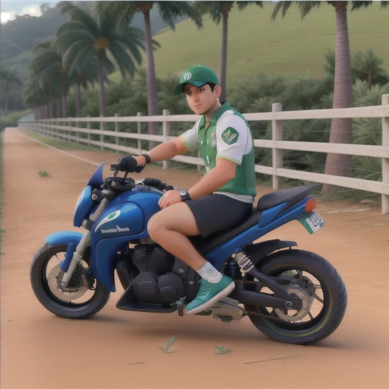 Um homem em uma moto parado, tendo como plano de fundo um campo verde com palmeiras
