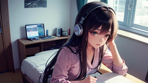 Beautiful girl studying in her room while listening to music on headphones　Warm lighting　Beautiful night view　Japanese anime style