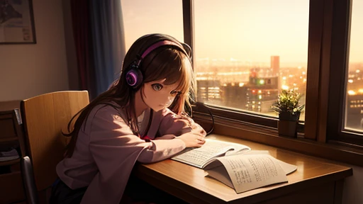 Beautiful girl studying in her room while listening to music on headphones Warm lighting Beautiful night view Japanese anime style