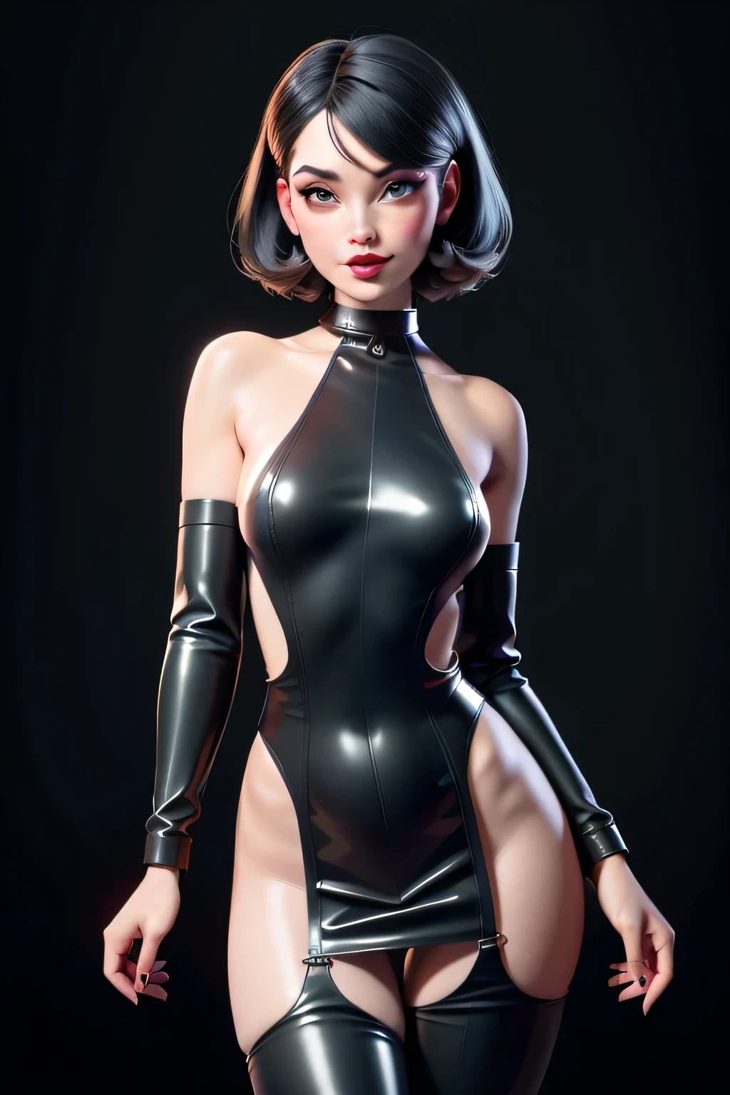 a sexy femme fatal, woman in a black and white doted dress, wearing black and white doted dress, wearing 1960s fashion, 1960s style clothing, 1960s cloth style, dystopian retro 1960s vibe, straight black hair, green eyes, black eye liner, red lips, medium breasts, covered small nipple, Spy look, Black and White latex, White latex body leg harness, white choker, Dramatic Light, cinema lighting from the 1960s vintage_sci-fi, chadpo