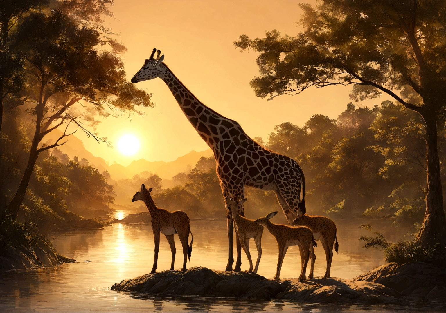 Une girafe courant vers la savane africaine, meilleur fond d'ecran ordinateur, animaux, lac, setting sun, resolution 4k, ultra realiste, savane, avec un oiseau sur une branche d'arbre sur le lac