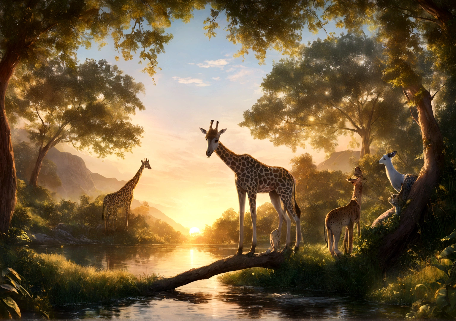 Une girafe courant vers la savane africaine, meilleur fond d'ecran ordinateur, animaux, lac, setting sun, resolution 4k, ultra realiste, savane, avec un oiseau sur une branche d'arbre sur le lac