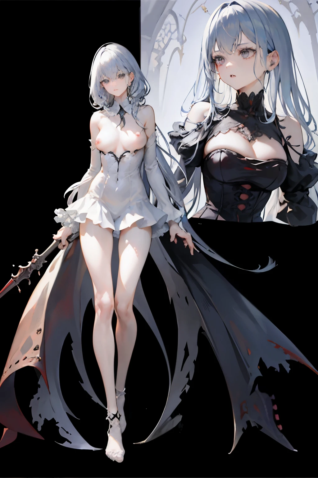  ((best quality)), ((masterpiece)), (detailed), 1girl, Character design, female, dynamic poses, long white grey hair, grey white eyes, very skinny, detailed, best quality, no accesoires around the neck, no shoes, prominent collarbones, skinny arms, flat stomach, visible hip bones, full body, blank white background, plain background, white background, red and white clothing, Bloodborne inspired, occult aesthetic, occult, detailed and intricate steampunk and detailed gothic, NSFW, Very dramatic and cinematic lighting, cosmic horror, grim-dark, side-lighting, perfect face, NSFW, Fluttering lace flared long knee length dress with frilly petticoats, knee length dress, pleated petticoats, petticoats gothic, complex lace boots, side-lighting, gothic aesthetic, wielding a mighty sword with mechanical components, mandalas, small breasts, a fairy, various different types of insect wings, NSFW, full body, whole body, body, plain background, white background, blank background, no background, white background NSFW, chains, full body, whole body, head-to-toe NSFW 