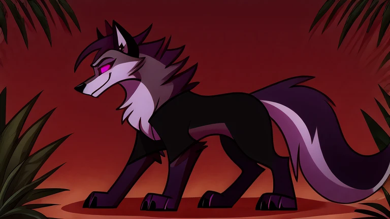 (masterpiece, best quality:1.2), Vortex female hellhound, wolf, furry, helluva boss, glowing purple eyes, he wears a black t-shirt with a gray vest with red spikes on the shoulders and black pants. walking on all fours, jungle background, profile picture, full body image