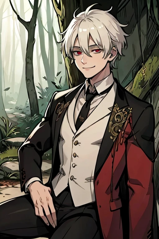 A young white haired man with red eyes with bags under his eyes in an ornate suit is smiling tiredly in the forest