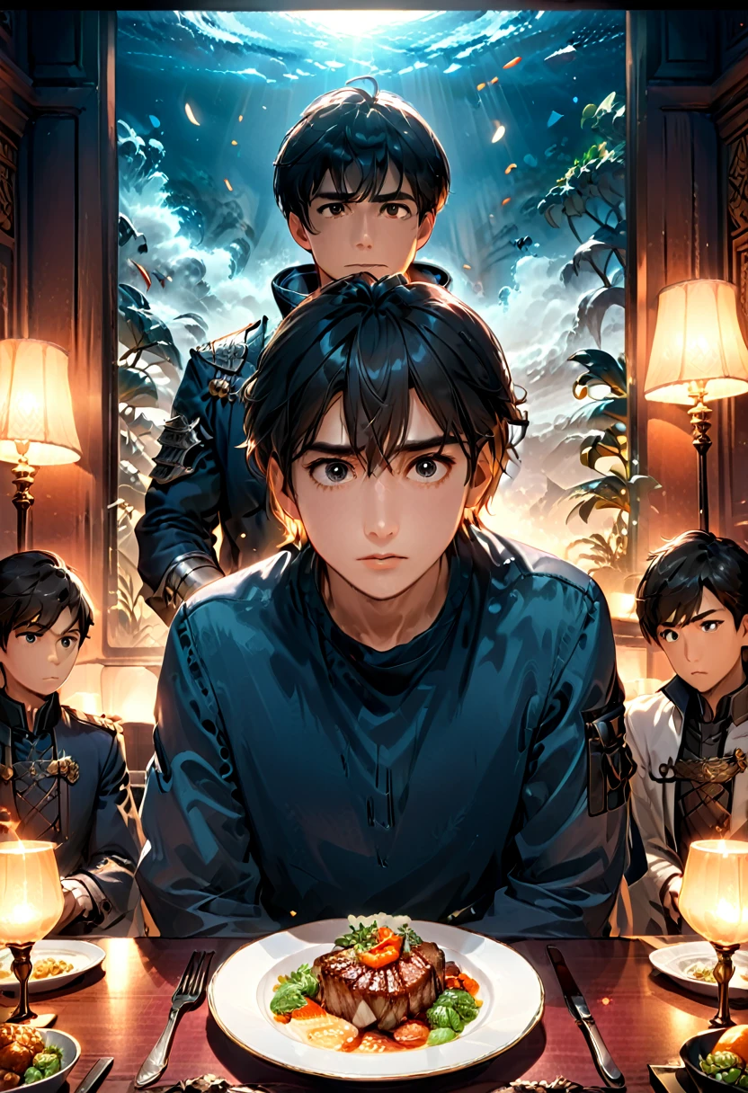 The older brother stared at the young brother with a disgusted and cold expression on his face. The background was a family dinner, (contempt, disgust, shaded face, looking at viewer, frown), close-up, cinematic still, emotional, harmonious, vignette, 4k epic detailed, shot on kodak, 35mm photo, sharp focus, high budget, cinemascope, moody, epic, gorgeous, film grain, grainy, bright colors, highly detailed, sharp focus, intricate, cinematic light, elegant, confident, rich, animated, background composed, vivid, very coherent, shiny, excellent composition, dynamic, ambient dramatic color, beautiful, epic, stunning, (masterpiece, best quality, Professional, perfect composition, very aesthetic, absurdres, ultra-detailed, intricate details:1.3)