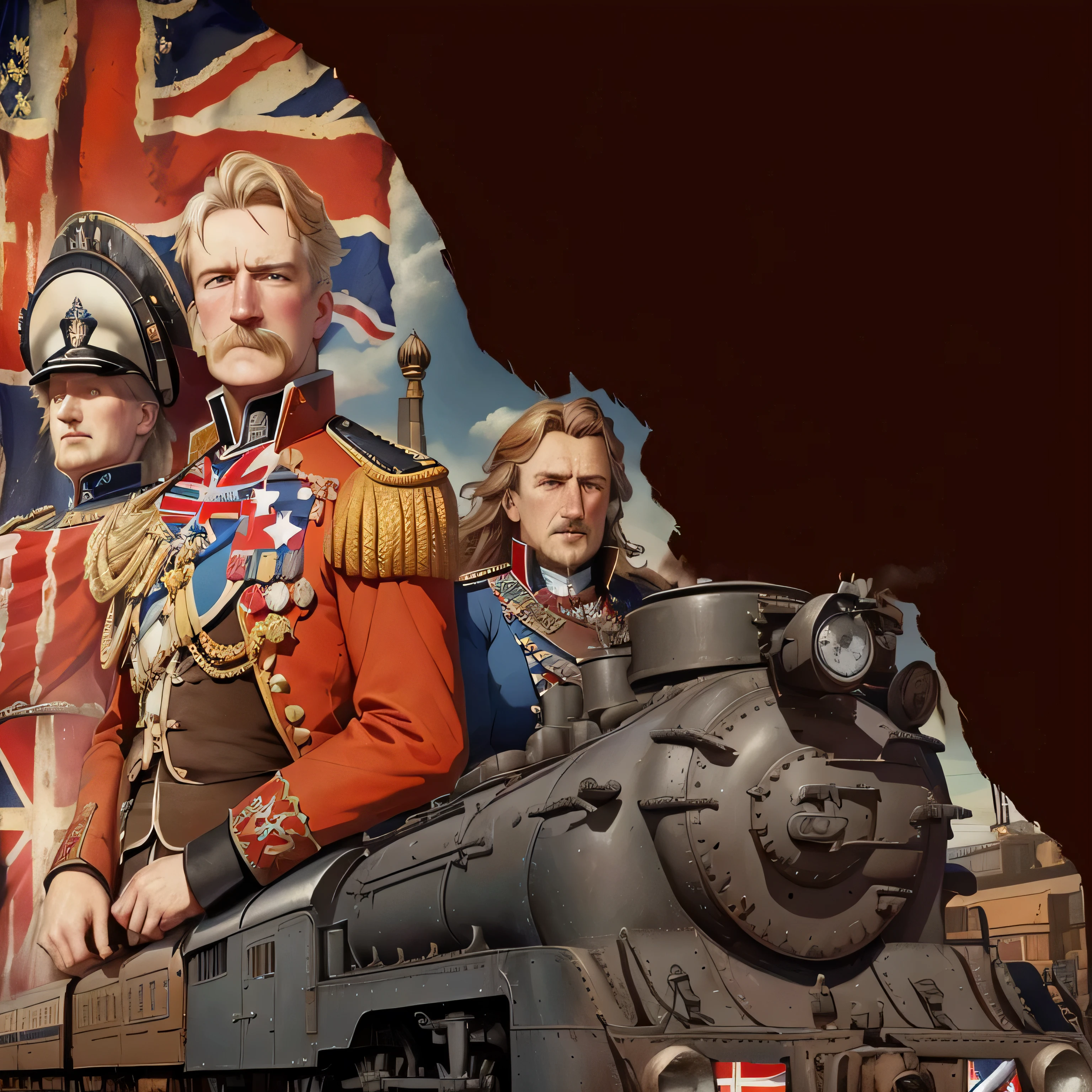a close up of a cartoon of a train with a british flag, hearts of iron portrait style, hearts of iron portrait, historically accurate, europa universalis iv, inspired by Ford Madox Brown, bbc promotional artwork, promotional art, napoleonic wars, board game cover art, wallpaper!, rule britannia, inspired by George Cruikshank, victoriana, colonial expedition. make cartoon