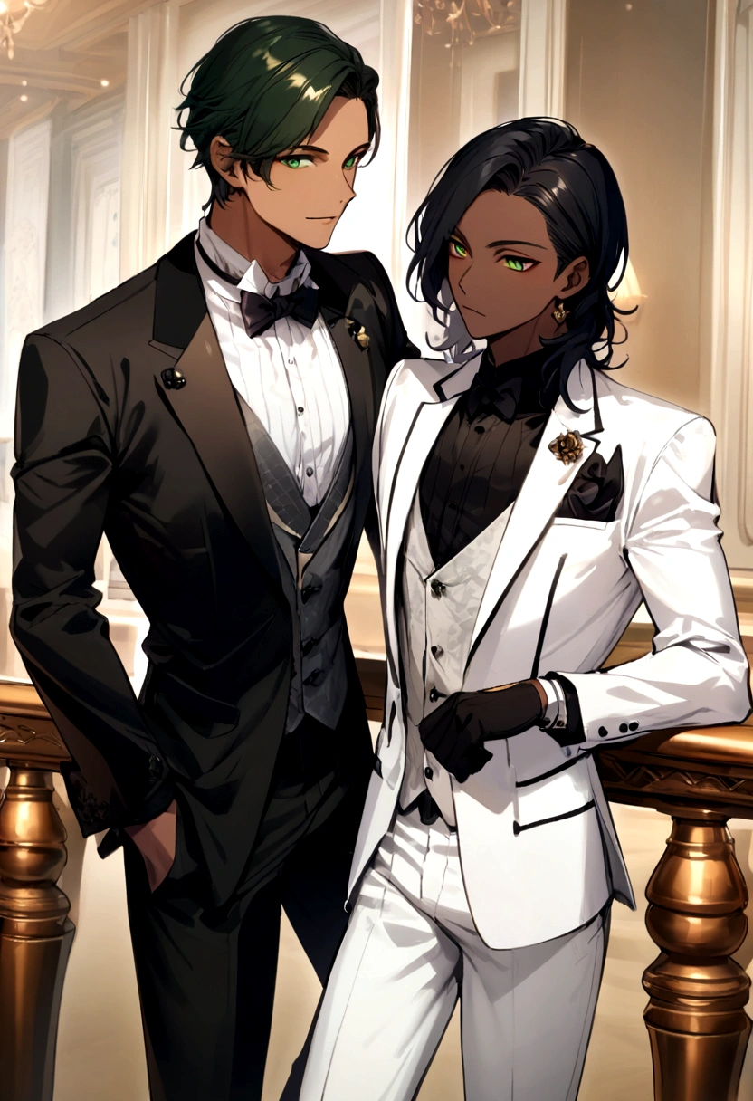Tan skin. Green eyes and black short straight hair. Male, charming