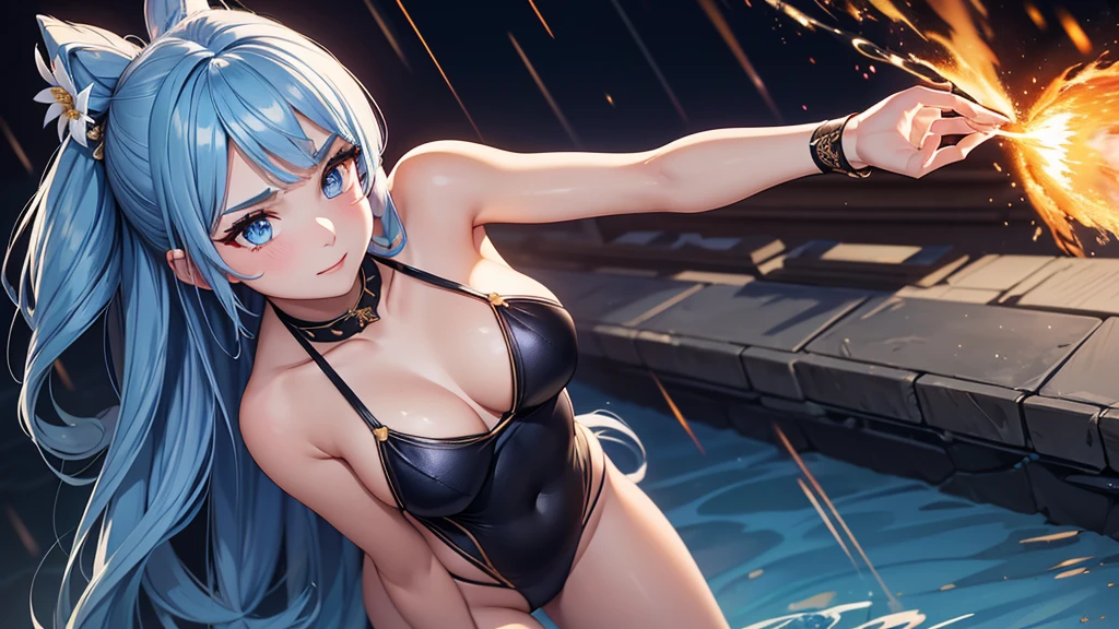masterpiece, exquisite, {beautiful and meticulous girl}, beautiful and detailed halo, (fire of war: 1.2), (fire explosion behind: 1.3), rain, detailed lighting, detail water, (beautiful and detailed eyes: 1.1), glitter_force, palace, sky blue hair, scattered hair, long bangs, eyebrows, (Open Stitch Ring Linked Halter Neck Backless Swimsuit: 1.1), black ribbon, white bow tie, upper abdomen, big forehead, flower, leaning_forward