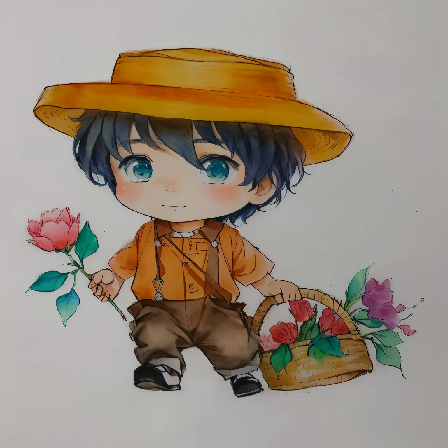 drawing of a boy with a hat and a basket of flowers, japanese farmer, character with hat marrom, desenho colorido, wearing a straw hat and overalls, aquarela e caneta, a colored pencil drawing, desenho colorido, desenho colorido, rich aquarium, arte tradicional, inspirado em Junpei Satoh, character with hat, Aquarela