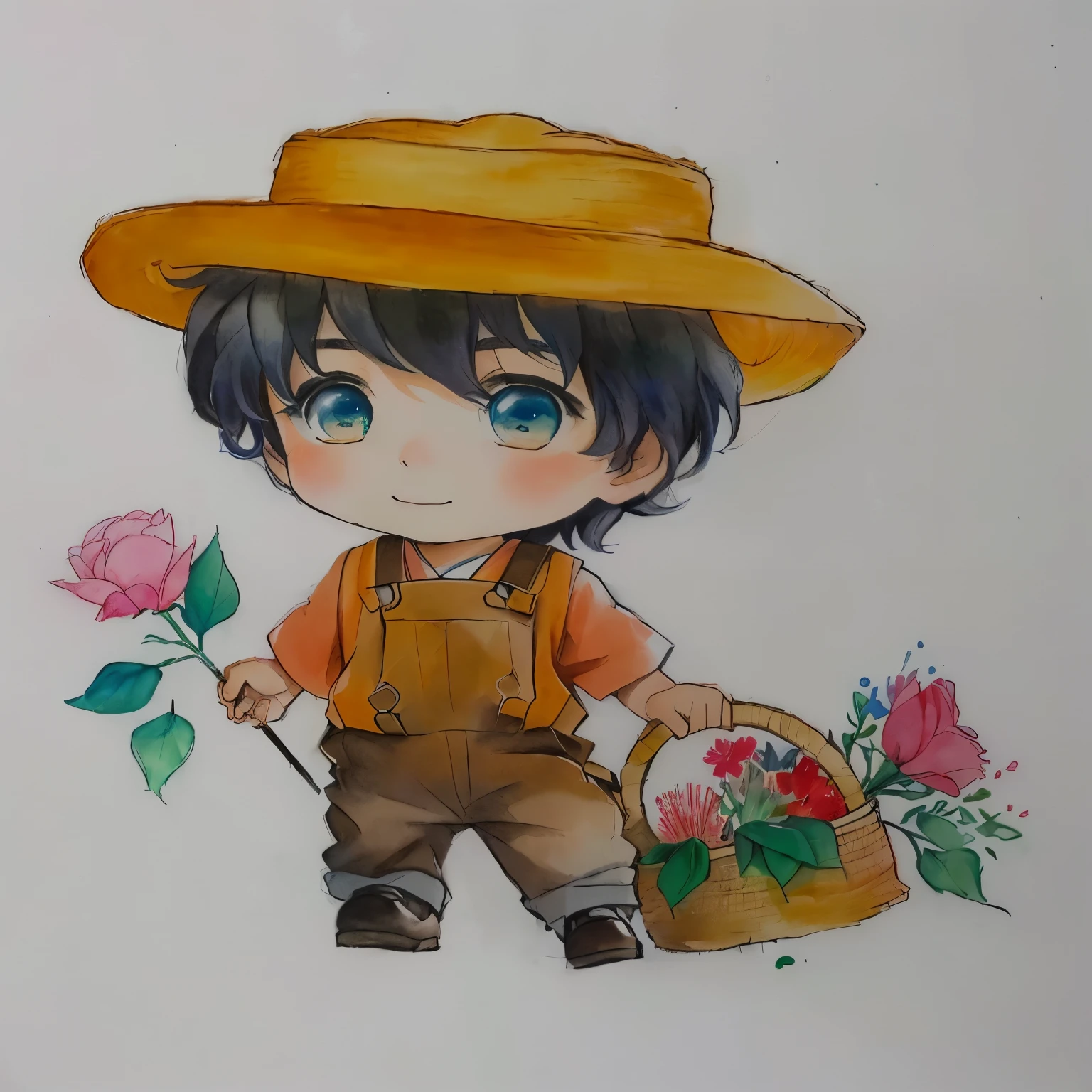 drawing of a boy with a hat and a basket of flowers, japanese farmer, character with hat marrom, desenho colorido, wearing a straw hat and overalls, aquarela e caneta, a colored pencil drawing, desenho colorido, desenho colorido, rich aquarium, arte tradicional, inspirado em Junpei Satoh, character with hat, Aquarela
