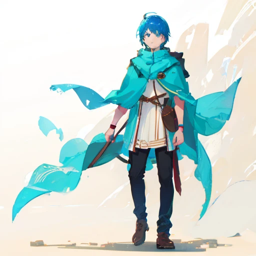 Blue hair boy，Wearing a brown cape，Lively full body photos