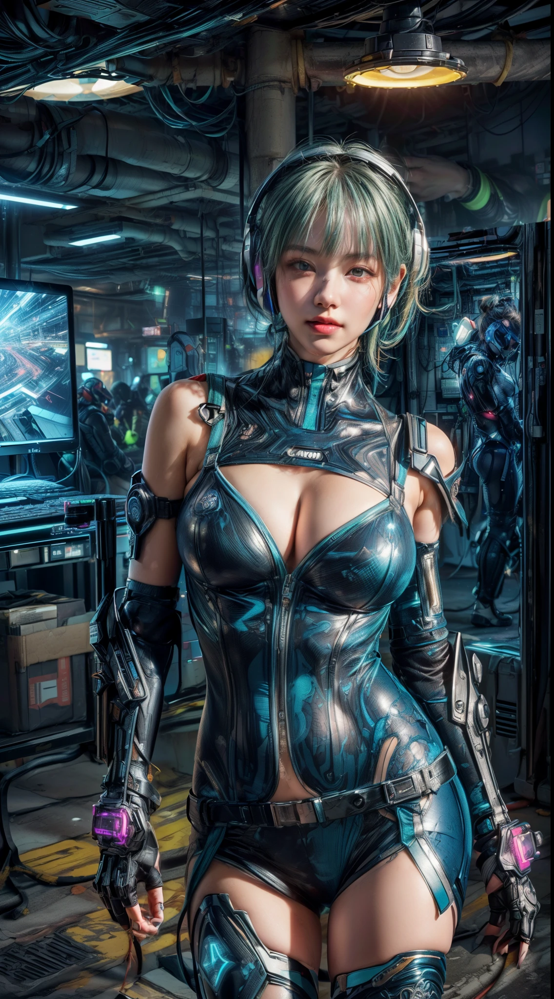 ((((Different angles of view:1.2))))、(((Mr.々A pose:1.2)))、((barcode))、(((Different actions:1.5)))、(smile)、Mature Woman、masterpiece,highest quality,Very detailed,(((Big Breasts)))、((Art Movement:1.2))、bite、(Abdominal muscles)、((Light green hair))、((((Trendy hairstyles)))), ((Near future)),((sf)),Machinery Parts、((white, Ultra-tight plug suit with detailed decoration))、(((Shingard、Elbow Guard、Knee guard、Chest Guard、Shoulder guard、protector)))、Very beautiful woman、headset、(((Glowing Electronic Suit)))、Slender women、((cyber punk))、(((Digital Metaverse)))、((Dark virtual space))、((Neon color))、(Lots of monitors)、((Fluorescent lights in a server room))、((Lots of electronics))、(((Connect with code)))、(Detailed face)、Realistic Skin、((Delicate photo)),(少女のmasterpiece、Photo Details:1.25), (highest quality:1.6), (超A high resolution:1.5), (Realistic:1.75), 8K resolution, Canon EOS R5, 50mm, Absurd, Very detailed,Cinema Lighting,Browsing Caution:0.4、((Powered Suit))