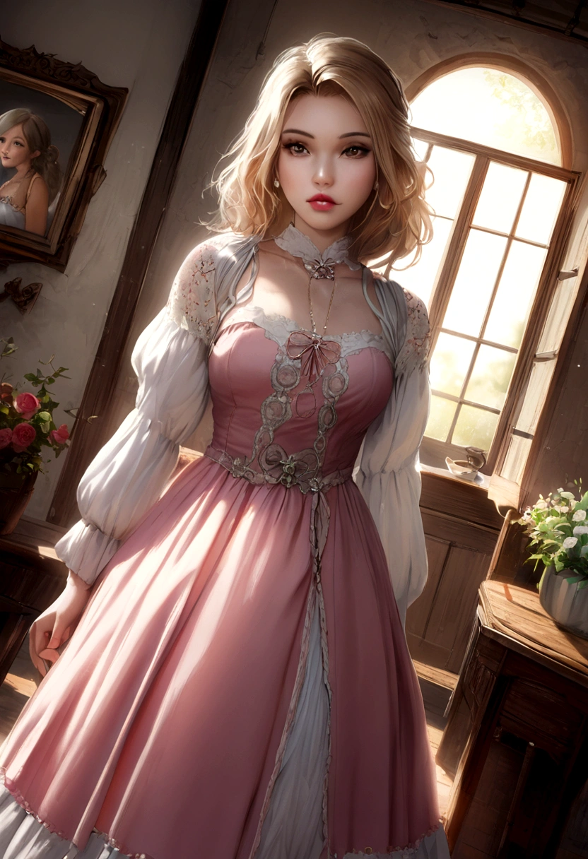 Masterpiece, Highest quality, (solofocus), (Perfect face:1.1), (High detail:1.1), (hyper detail eyes), Dramatic, One has pale skin，A guy with white hair, White eyes, Solo, Long hair, pouty lips, fur, Arrogant expression, Rose garden, Detailed background, Art germ, Cinematic lighting, stocklings，