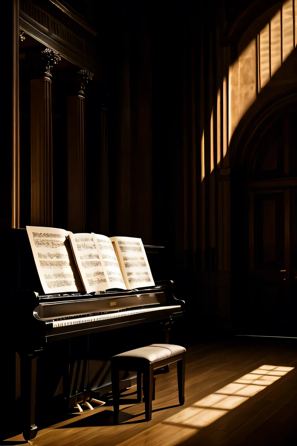 a piano in a large dark hall with light over the piano
