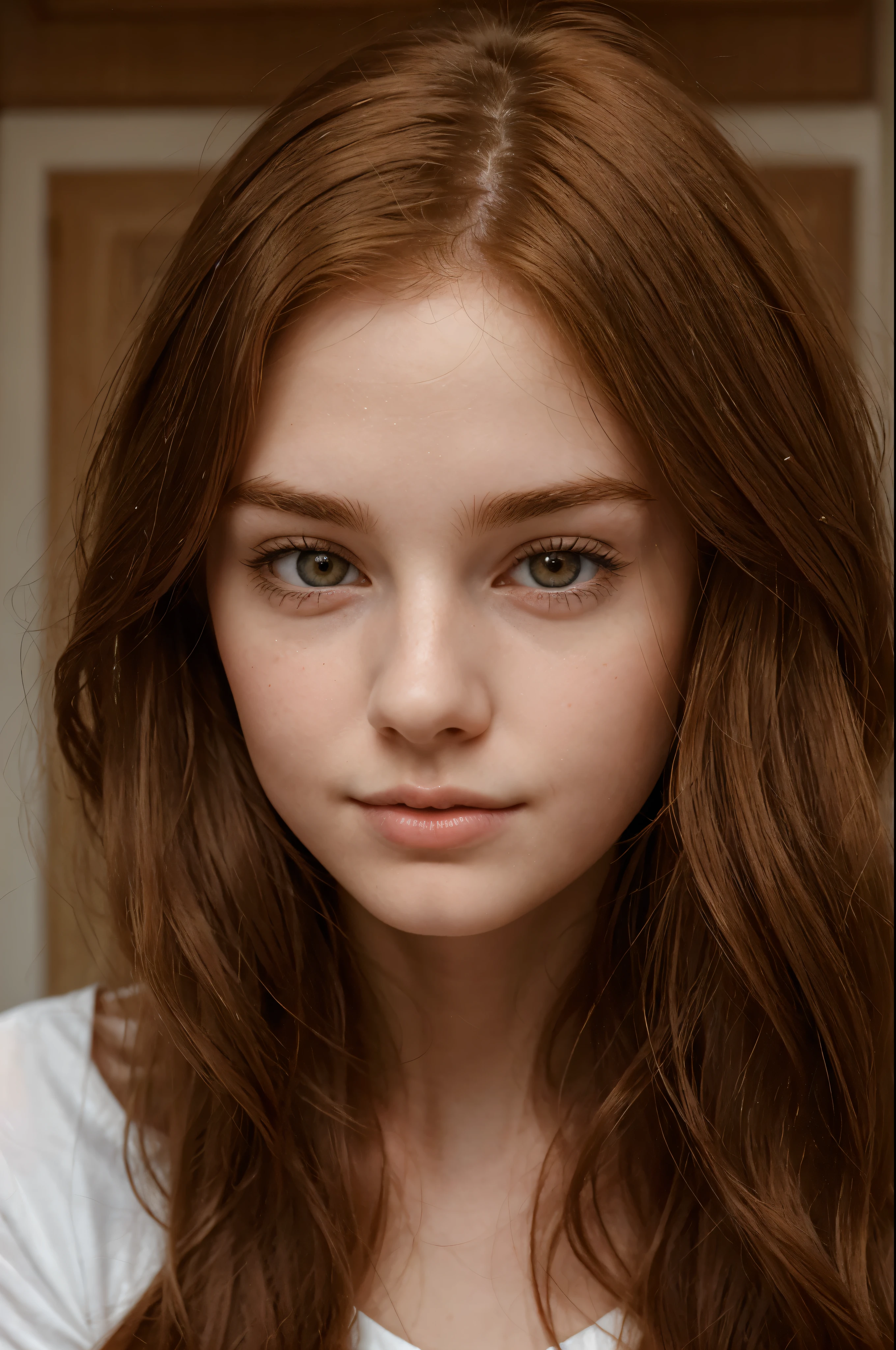 A young woman with long, slightly wavy red hair. Elle a des sourcils bien dessinés, slightly almond-shaped eyes, a straight nose and full lips. Her complexion is fair with slightly rosy cheeks.. She looks slightly to the side, son expression est calme et pensive. aged between 25 - 27 years old 