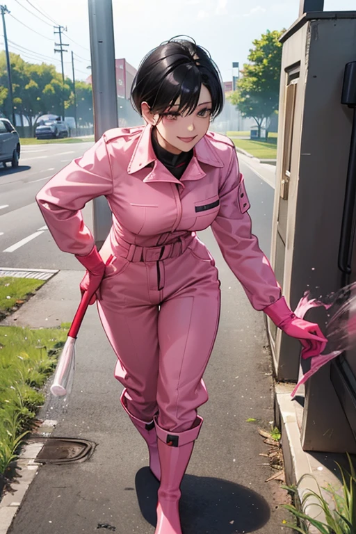 Wearing large pink rubber gloves and white rubber boots、A mature woman with short black hair and wearing a red long-sleeved jumpsuit cleans a dirty public toilet in a park with a gentle smile