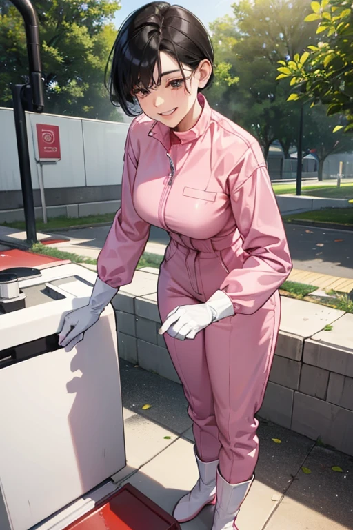 Wearing large pink rubber gloves and white rubber boots、A mature woman with short black hair and wearing a red long-sleeved jumpsuit cleans a dirty public toilet in a park with a gentle smile