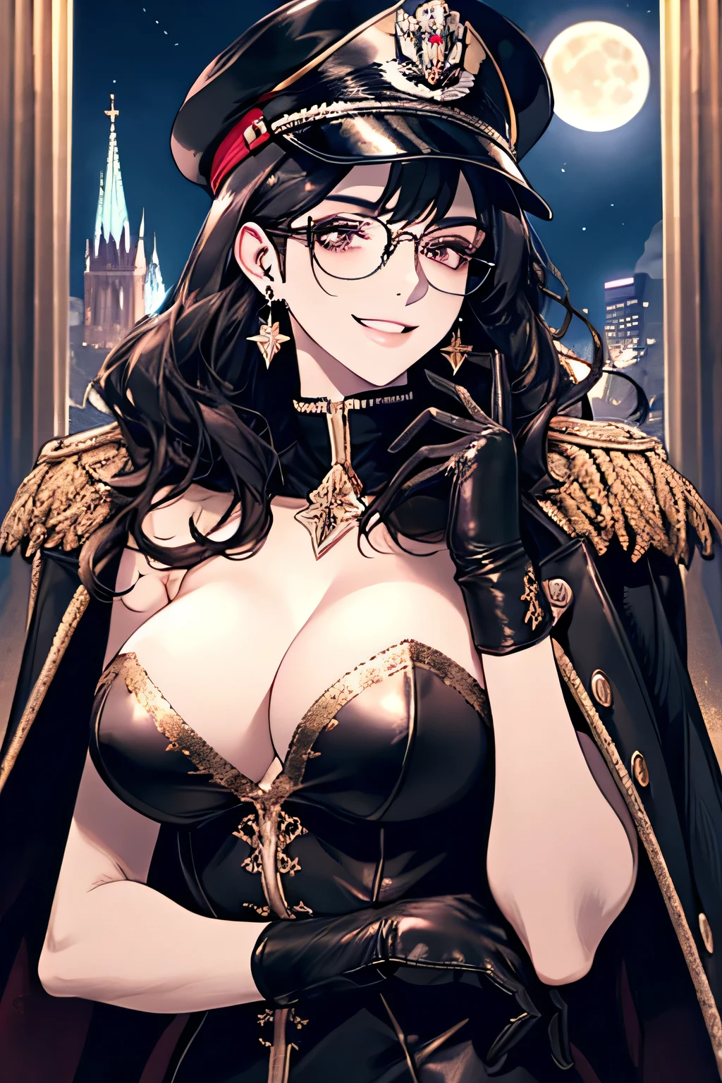 ( Detailed Description, High resolution,8k wallpaper,, masterpiece,highest quality,Depth of region),Chest and face shot. Beautiful young woman、so beautiful、Anatomically accurate depiction,Black Hair,Facial details、Glasses、Gold earrings in the ears,(Provocative smile),(She is wearing a black military cap..,Black military jacket、Black Leather Gloves)、(Big Breasts)、Cleavage,Accurate hand drawing. Full moon in the background,night,building.
