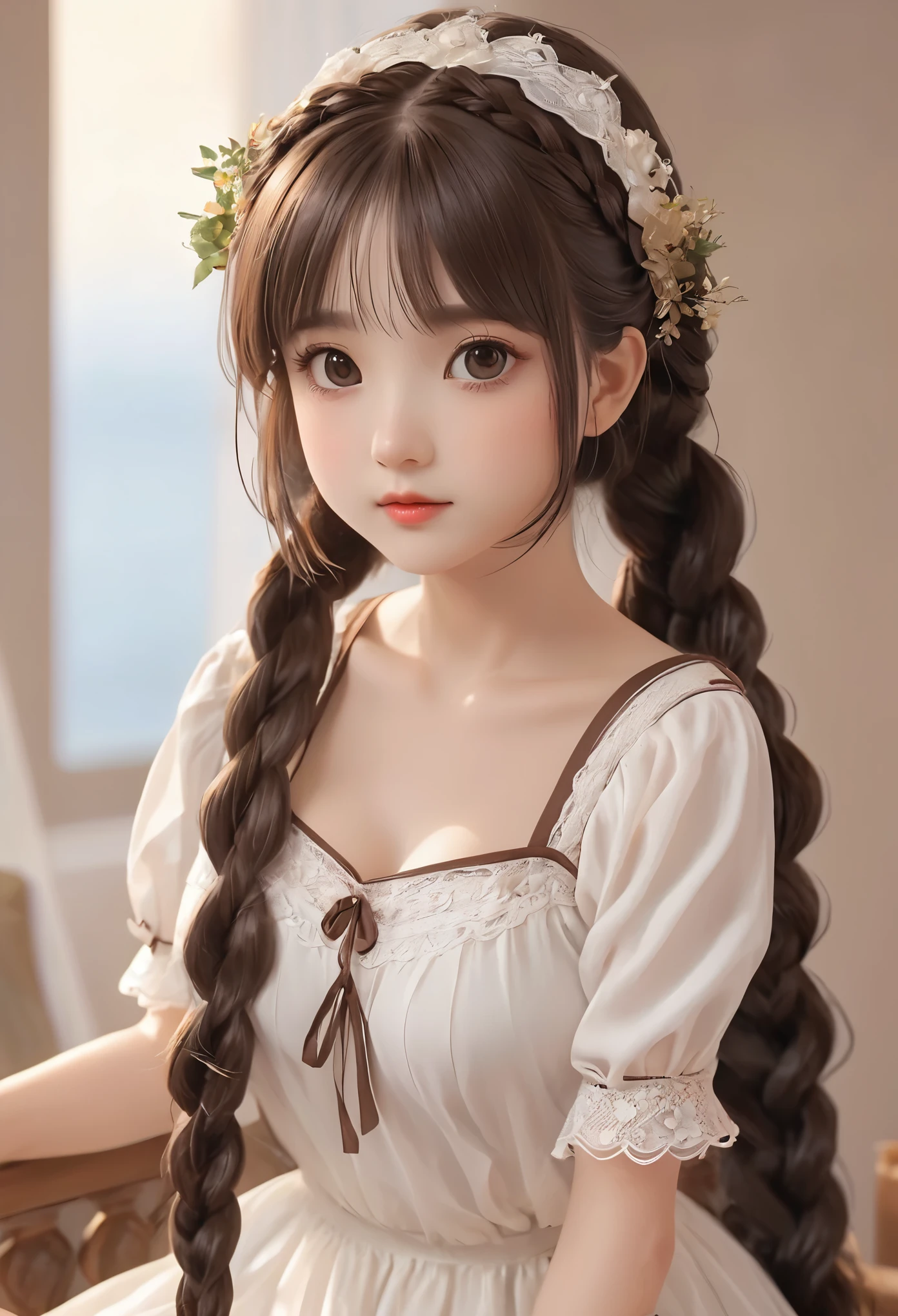 ((best quality, 8K, masterpiece :1.3))***********、 Cute anime style, ,Brown double braids、，solitary,Exquisite eyes, ((Dark brown hair, Large Breasts :1.2)), Beautiful lace lingerie（8K）（HD）（（best quality））， （（Intricate details））， （8K）