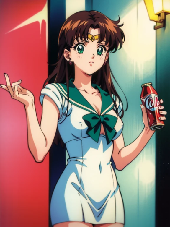 nsfw, mejor calidad, high resolution, 1990s \(estilo\), retro artestilo, 1990s anime cels estilo, noche, sailor Jupiter, session, uniforme marinero senshi, pechos medianos, color verde marinero, guantes blancos, falda plisada verde, cinta rosa, cola de caballo, (vestido:1.3), joyas, arete