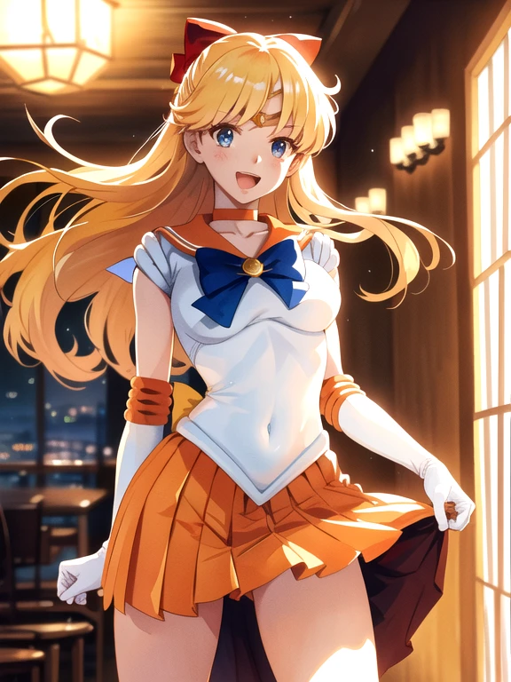 masterpiece, best quality, highres, sv1, sailor senshi uniform, medium breast, smile, open mouth, orange skirt, elbow gloves, tiara, orange sailor collar, red bow, orange choker, white gloves, jewelry,smile, brush, from below, (skirt lift:1.2), standing, white leotard, milf, ornate fabric, leather texture, dramatic lighting, cinematic shot, atmospheric, depth of field, comic style, watercolor style, floating hair, wind, wind lift, shiny hair, bedroom, hotel