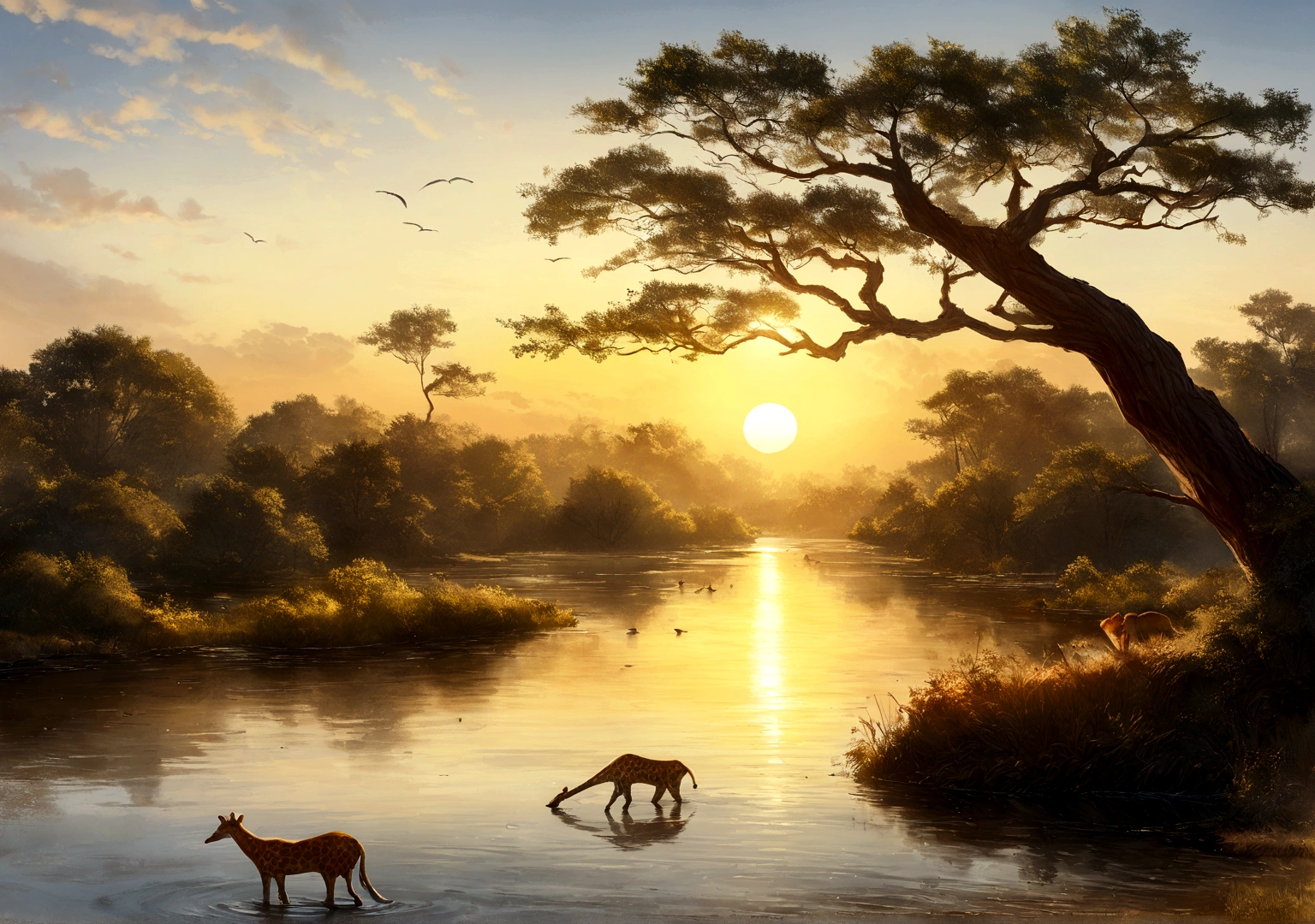 Une girafe courant vers la savane africaine, meilleur fond d'ecran ordinateur, animaux, lac, setting sun, 4K resolution, ultra realiste, savane, avec un oiseau sur une branche d'arbre sur le lac, oiseaux volent dans le ciel
