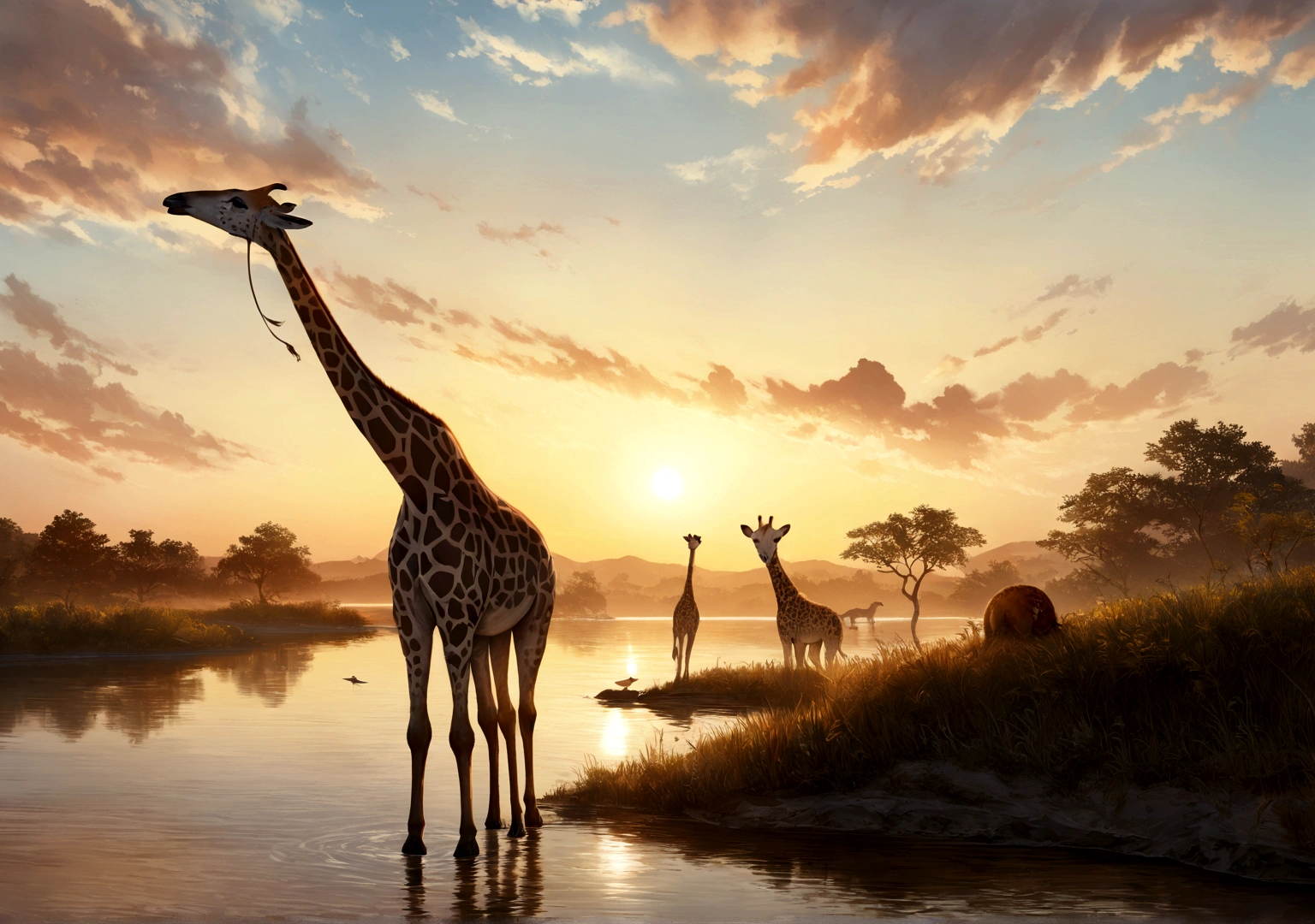 Une girafe courant vers la savane africaine, meilleur fond d'ecran ordinateur, animaux, lac, setting sun, 4K resolution, ultra realiste, savane, avec un oiseau sur une branche d'arbre sur le lac, oiseaux volent dans le ciel