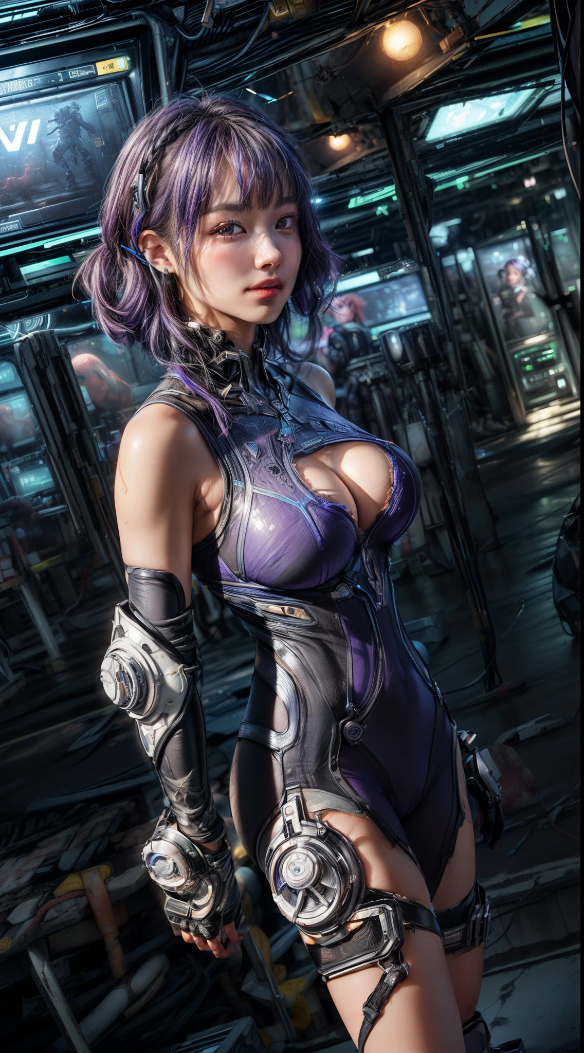 (((Different angles of view:1.5)))、(((Mr.々A pose:1.2)))、((barcode))、(((Different actions:1.5)))、(smile)、Mature Woman、masterpiece,highest quality,Very detailed,(((Big Breasts)))、((Art Movement:1.2))、bite、(Abdominal muscles)、((Light purple hair))、((((Trendy hairstyles)))), ((Near future)),((sf)),Machinery Parts、((white, Ultra-tight plug suit with detailed decoration))、(((Shingard、Elbow Guard、Knee guard、Chest Guard、Shoulder guard、protector)))、Very beautiful woman、headset、(((Glowing Electronic Suit)))、Slender women、((cyber punk))、(((Digital Metaverse)))、((Dark virtual space))、((Neon color))、(Lots of monitors)、((Fluorescent lights in a server room))、((Lots of electronics))、(((Connect with code)))、(Detailed face)、Realistic Skin、((Delicate photo)),(少女のmasterpiece、Photo Details:1.25), (highest quality:1.6), (超A high resolution:1.5), (Realistic:1.75), 8K resolution, Canon EOS R5, 50mm, Absurd, Very detailed,Cinema Lighting,Browsing Caution:1.4、((Powered Suit))