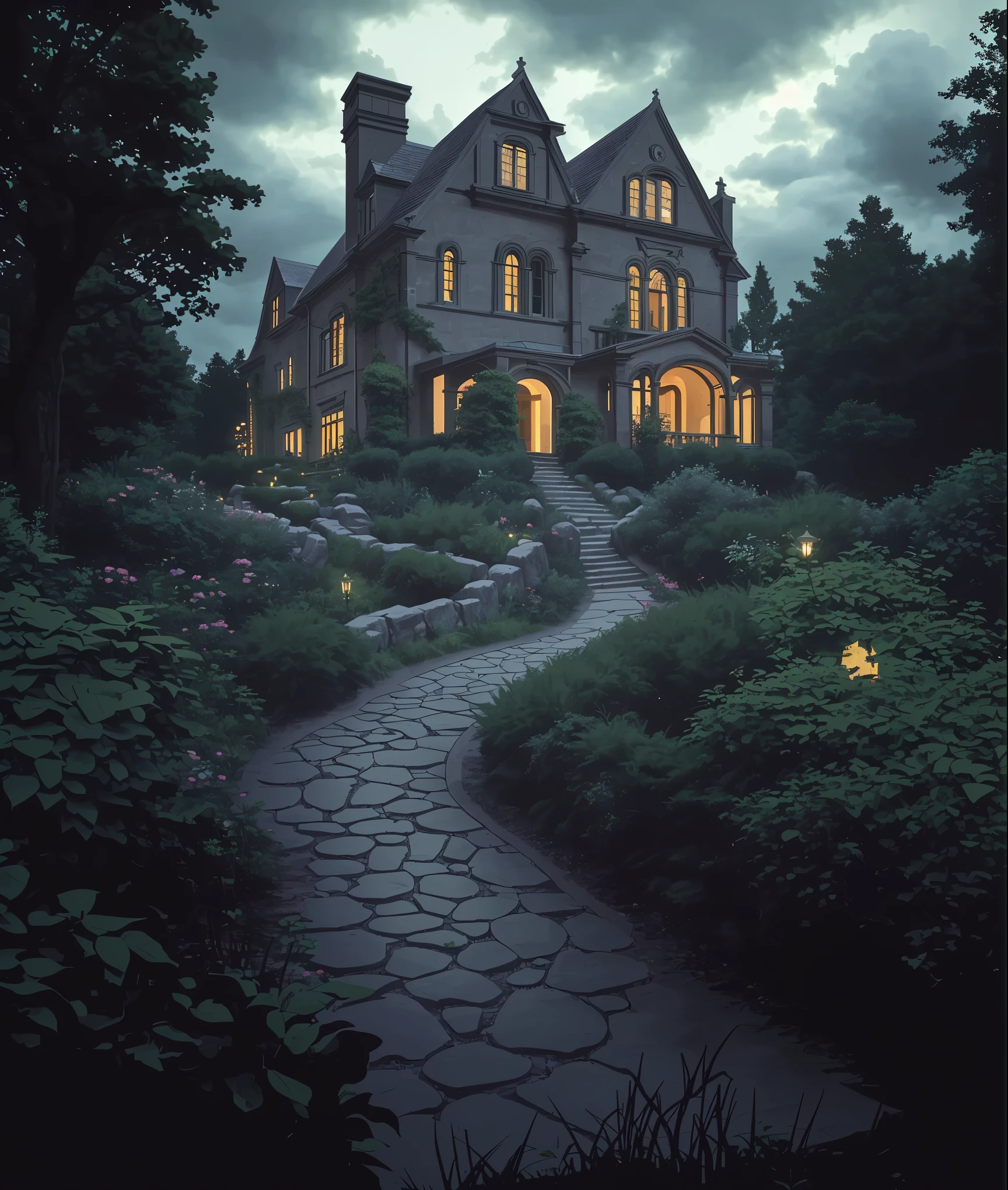 The Romanesque Revival mansion, accessed by a winding stone path, is surrounded by an English garden. There is a dense forest behind the house. There is a dark cloud above the house, which portends a downpour. The lights in the windows are off