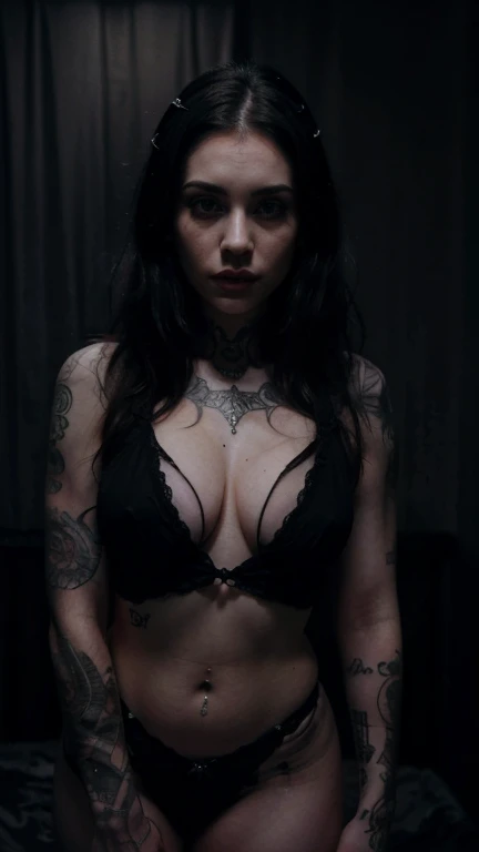 a pale 25 year old curvy goth girl, extremely detailed face, beautiful detailed eyes, beautiful detailed lips, extremely detailed facial features, long eyelashes, amazing breasts, full body, lots of tattoos, sexy pose, naked, photorealistic, 8k, ultra-detailed, realistic, high quality, cinematic lighting, dramatic lighting