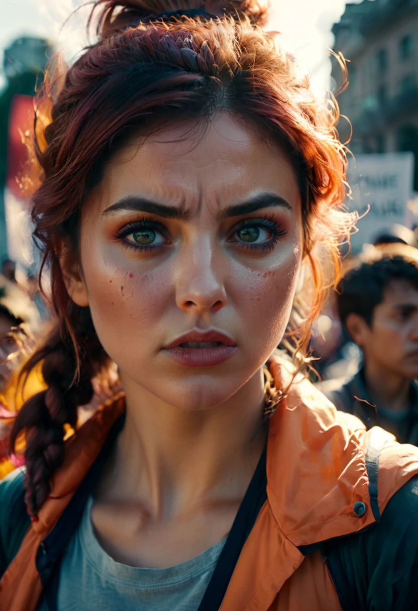 During an environmental protest, a female activist, (contempt, disgust, shaded face, looking at viewer, frown), close-up, cinematic still, emotional, harmonious, vignette, 4k epic detailed, shot on kodak, 35mm photo, sharp focus, high budget, cinemascope, moody, epic, gorgeous, film grain, grainy, bright colors, highly detailed, sharp focus, intricate, cinematic light, elegant, confident, rich, animated, background composed, vivid, very coherent, shiny, excellent composition, dynamic, ambient dramatic color, beautiful, epic, stunning, (masterpiece, best quality, Professional, perfect composition, very aesthetic, absurdres, ultra-detailed, intricate details:1.3)