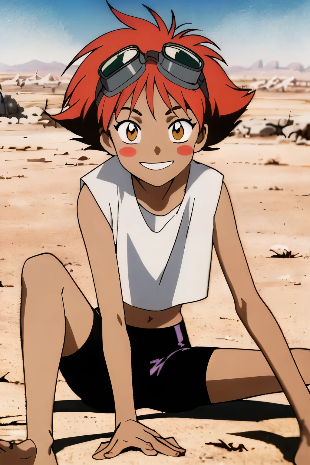 Edward, midriff, orange hair, blush stickers, (tanned skin) white sleeveless loose midriff, over the shoulder, tight black shorts, brown eyes, goggles on head, smile, sitting in ruined desert city, bare feet, full body, looking at viewer (insanely detailed, beautiful detailed face, masterpiece, best quality ,