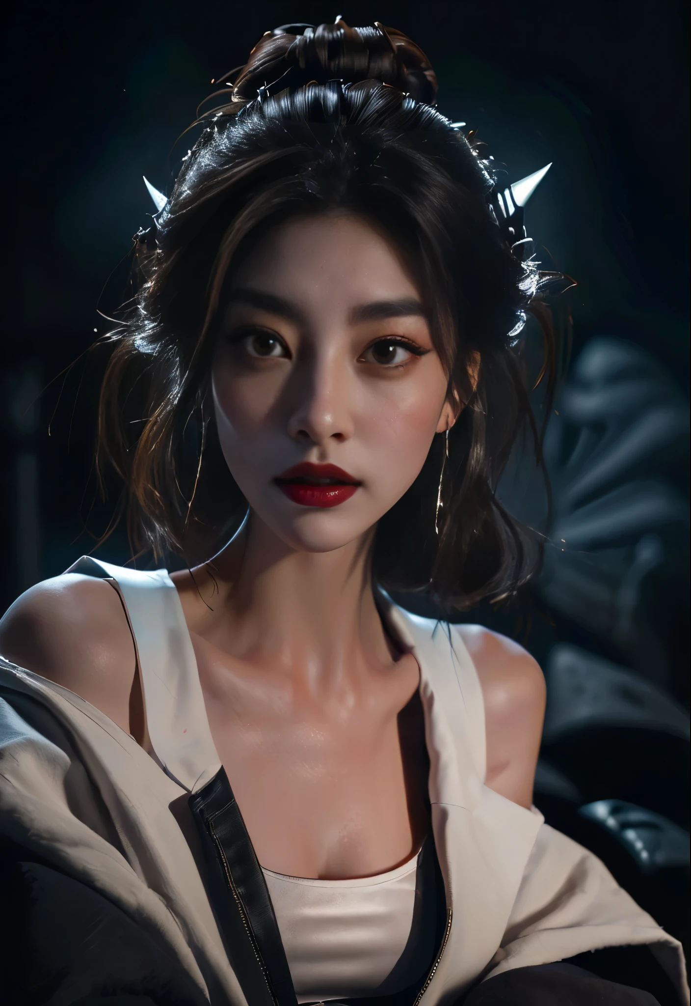 (High resolution,Practical) Long hair girl,skirt, Beautiful demon woman from hell, (in the darkness: 1.6), Very rich facial details,Red-black lips, Shoulder devil tattoo,rugged, Moderate: Detailed facial features, Determine the expression, Dark background,The environment is mysterious and elegant, Model, High contrast required, Jewelry, earrings, miniskirt, shirt, Jacket, brown hair, 白shirt, A bracelet, Hair Bun, single Hair Bun, long skirt, Shut up, Hoop Earrings, blue Jacket, skirt, Beautiful demon woman from hell, (in the darkness: 1.6), 大卫霍克尼和阿尔方斯穆夏的Surrealism女性portrait, Fantasy Art, Korean Doll, Photorealism, Dynamic Lighting, Art Station, poster, Volumetric Lighting, Very rich facial details, 8K, in the darkness, Deep Shadows, low pitch, long hair, Black Hair, Luxurious Palace, Royal style, Demon Crown, The red eye makeup is very vivid and detailed, the most beautiful face, Normal breast, Surrealism, Charming smile, The eye makeup is beautiful, Gurwitz, Devil style, Red-black lips, Shoulder devil tattoo, Gloomy weather,Thunder, (portrait), Close-up of the protagonist, (Background details 1.8), Revealing clothes, cosmetic, 白skirt