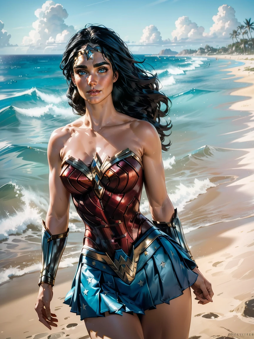 Masterpiece, Jennifer Connelly, cowboy shot, wearing a sexy Wonder Woman leotard, small Wonder Woman skirt, perfect detailed eyes, delicate smile on your face, on a windy and sunny beach with palms and a tranquil sea on the horizon.