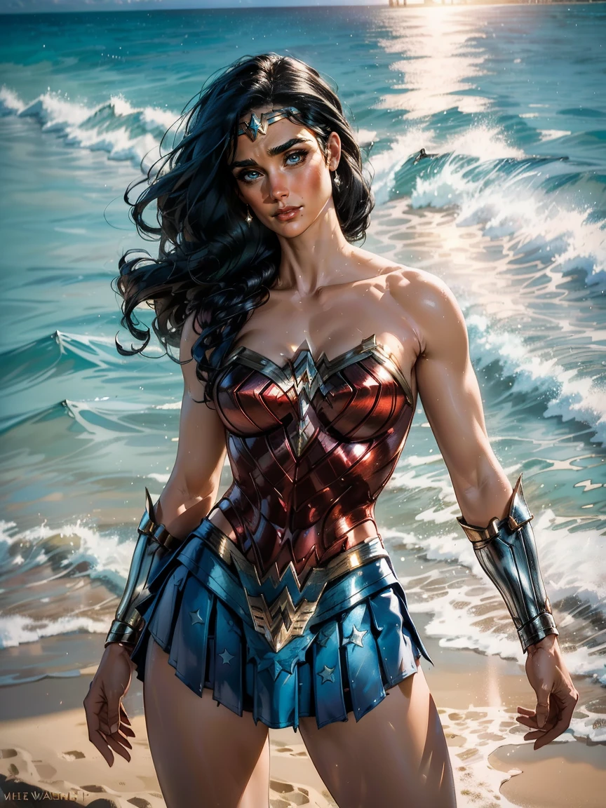 Masterpiece, Jennifer Connelly, cowboy shot, wearing a sexy Wonder Woman leotard, small Wonder Woman skirt, perfect detailed eyes, delicate smile on your face, on a windy and sunny beach with palms and a tranquil sea on the horizon.