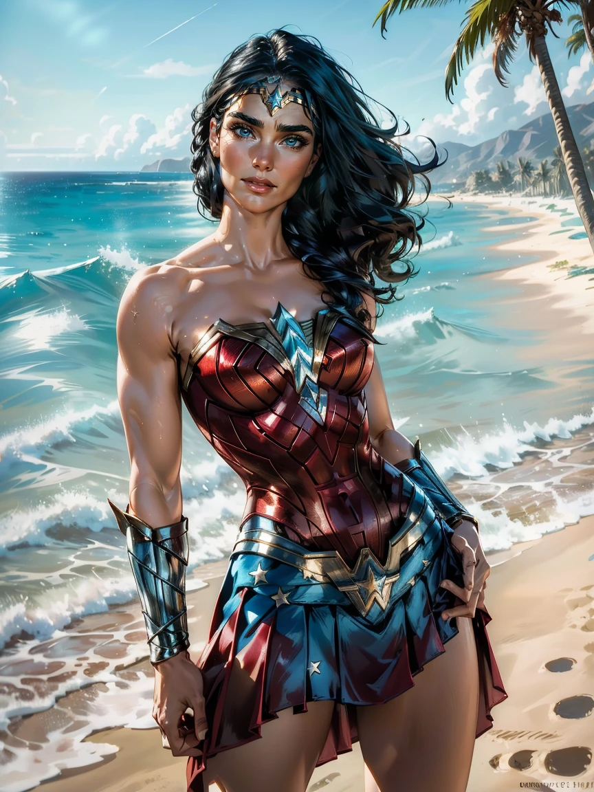 Masterpiece, Jennifer Connelly, cowboy shot, wearing a sexy Wonder Woman leotard, small Wonder Woman skirt, perfect detailed eyes, delicate smile on your face, on a windy and sunny beach with palms and a tranquil sea on the horizon.