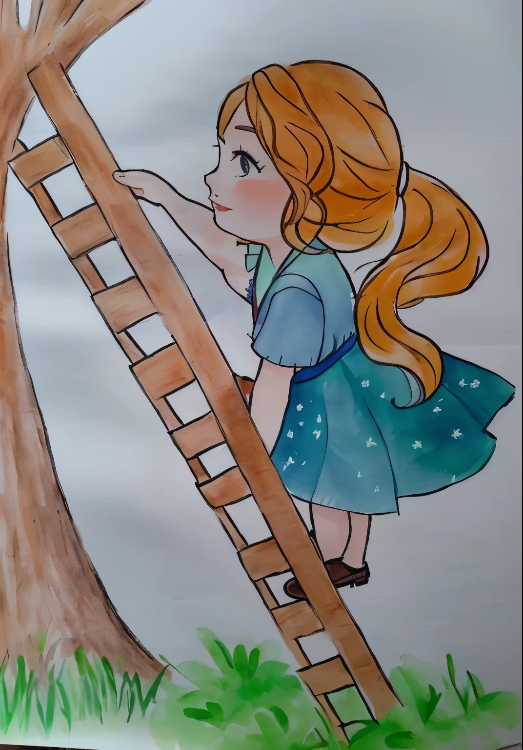 drawing of a girl climbing a escada up a tree to reach a branch, inspirado em Claire Hummel, inspirado em Elsa Beskow, inspirado em Jessie Newbery, escada, standing on a escada, inspirado em Sophie Anderson, escadas, inspirado em Cicely Mary Barker, desenho de livro , inspirado em Naka Bokunen, illustration 