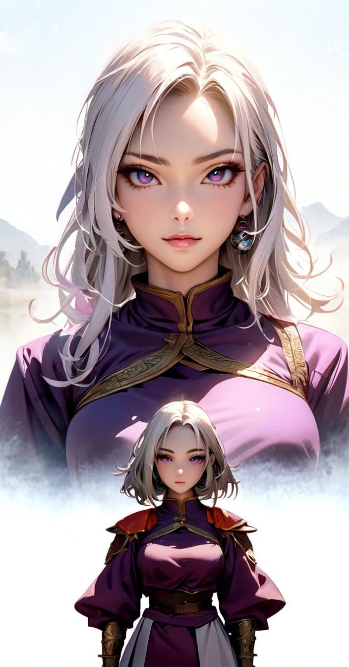 A cartoon girl with white hair, Lu Zhiwan, Dragon warrior, purple outfit,standing in front of a white background,perfect proportioned sexy body,90's anime style,HDR,OLED color,detailed face,beautiful detailed eyes,beautiful detailed lips,extremely detailed face,long eyelashes,intricate details,vibrant colors,cinematic lighting,photorealistic,highly detailed,masterpiece,8k