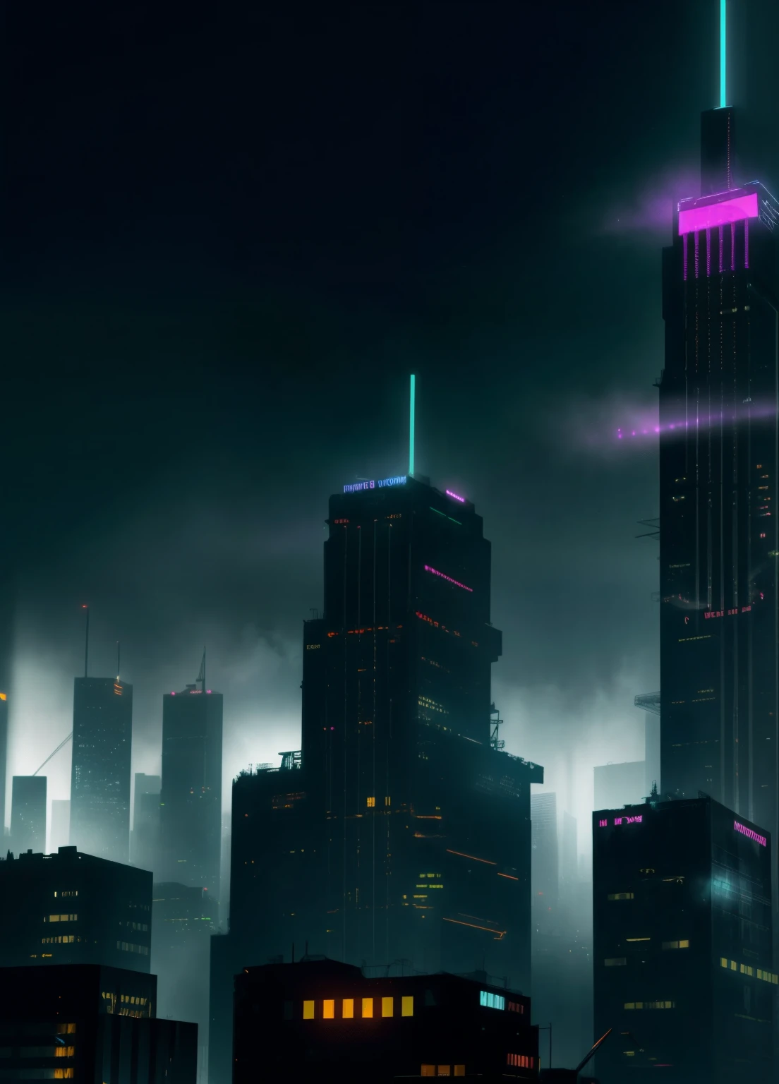 a dark cyberpunk city, neon lights, skyscrapers, futuristic architecture, flying cars, rain, steam, moody atmosphere, cinematic lighting, dark colors, dramatic shadows, detailed portrayal, intricate details, photorealistic, vibrant colors, hyper detailed, masterpiece, ultra HD, 8k, best quality