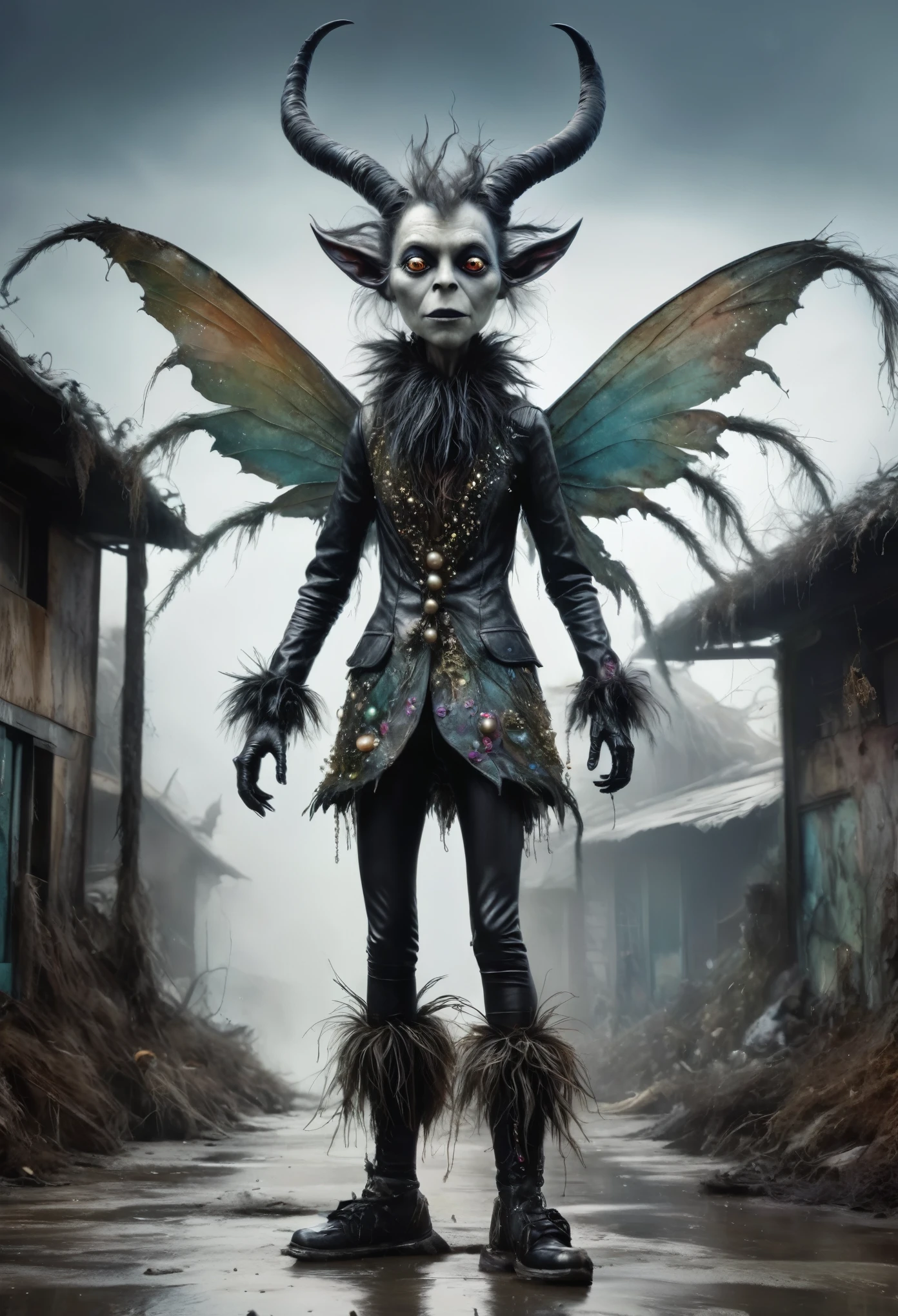 full-body-shot,Very tall pearl fairy, who can't fly,Cinematic,Muted colors, Technicolor,natural skin textures, hyper realisitc, hyper detailed,Extremely detailed,High contrast,Masterpiece,Realistic,Ultra Detailed,mother-of-pearl leather,Quentin Blake Style Photography, wlop,full body length,once pretty,full body,bailong plant Caribbean sparas made of dead charcoal plants,charcoal Alien Krampus,ominous winter landscape, 
intricate details,realistic humid skin,extremly intricate,Epic Realistic, Romantic, cinematic style,irina yermolova,Nicola Samori,Wangechi Quality,orc, messy hair,urban,luminous eyes,extremely detailed,
[night landscape],masterpiece,intricate details,faded,eyes extremely detailed,
high detailed eyes,4k resolution,RAW, Nikon Z9