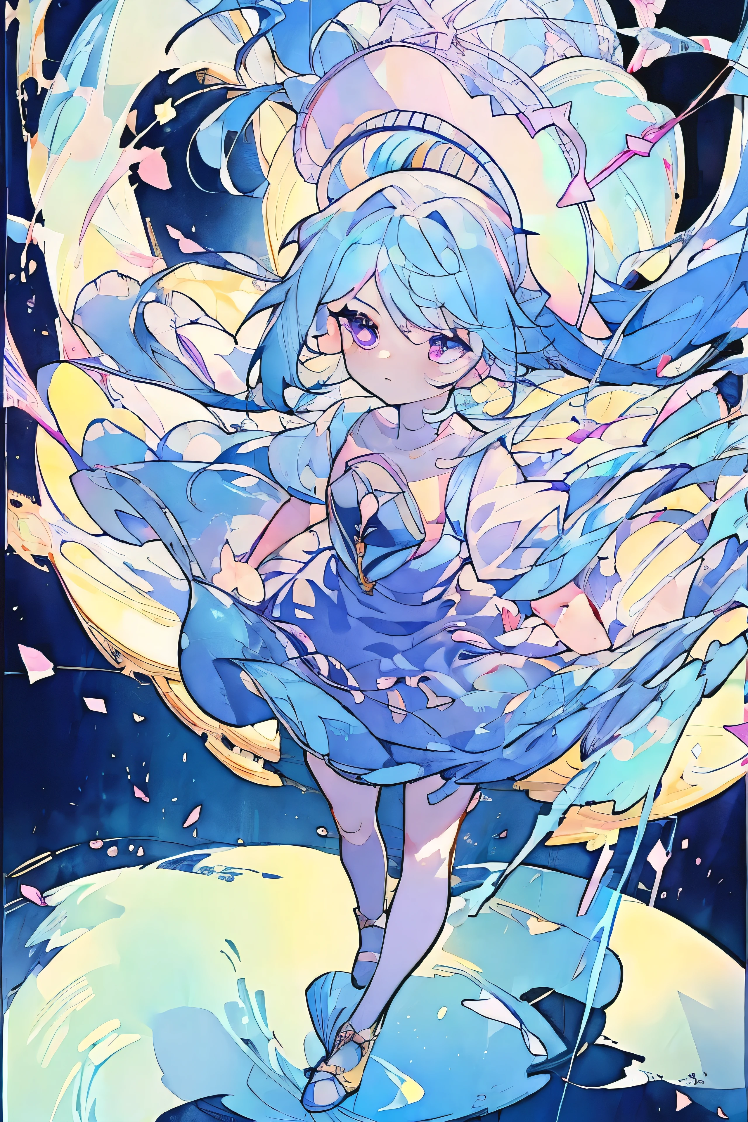 (masterpiece), highest quality, (detailed eyes), detailed pupils, white skinned, short, light blue + dark blue hair, pink eyes, cute, flat chest, halo, pigtails, floating clothes, white + blue/purple + gold clothes, dress