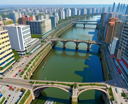 ((masterpiece)),((best quality)),((high detail)),((realistic,)), photograph satellite view Angle of photograph from above Angle of the Sky .
Modern city, street architecture,bridges, ocidental architecture, river, beach, modern prices, 5-star hotels, squares with statues.