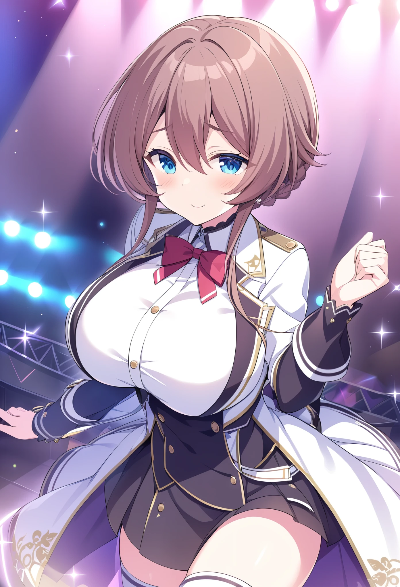 ASATOKASUGA, BROWN HAIR, HAIR BETWEEN EYES, SIDELOCKS, BRAID, SHORT HAIR, BLUE EYES,, large breasts, live stage