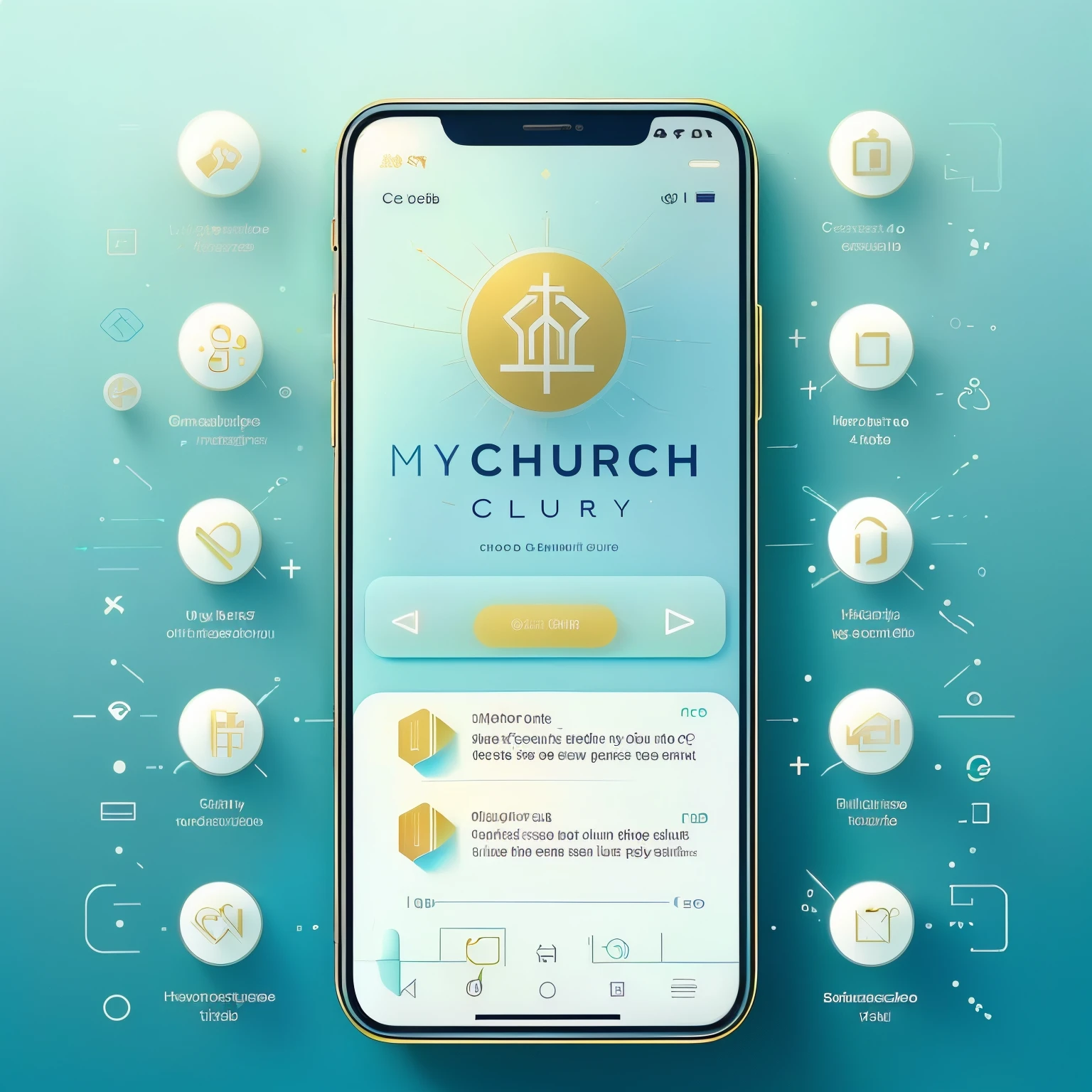 Create a welcoming and engaging introduction page design for the MyChurchClub app. The design should include:

Background: Use a serene and inviting background image in a portrait format (phone-like) without featuring people or a church interior. Consider using elements like a peaceful nature scene, abstract calming patterns, or soft gradients. The image should be in 4K resolution.

Title and Logo:

Only include the logo "MyChurchClub" with "MyChurch" in gold and "Club" in white, ensuring the colors match harmoniously with the background.
No additional text.
Design Style:

The design should be clean and modern, using a calming and attractive color palette with complementary shades of blue, cyan, green, and white.
Incorporate subtle gradients and shadows for a contemporary look.
Ensure there is ample spacing between elements to avoid clutter.
The design should be in a phone-like portrait format suitable for mobile screens.
Note: The final output should be a high-quality 4K image without any text other than the logo "MyChurchClub".