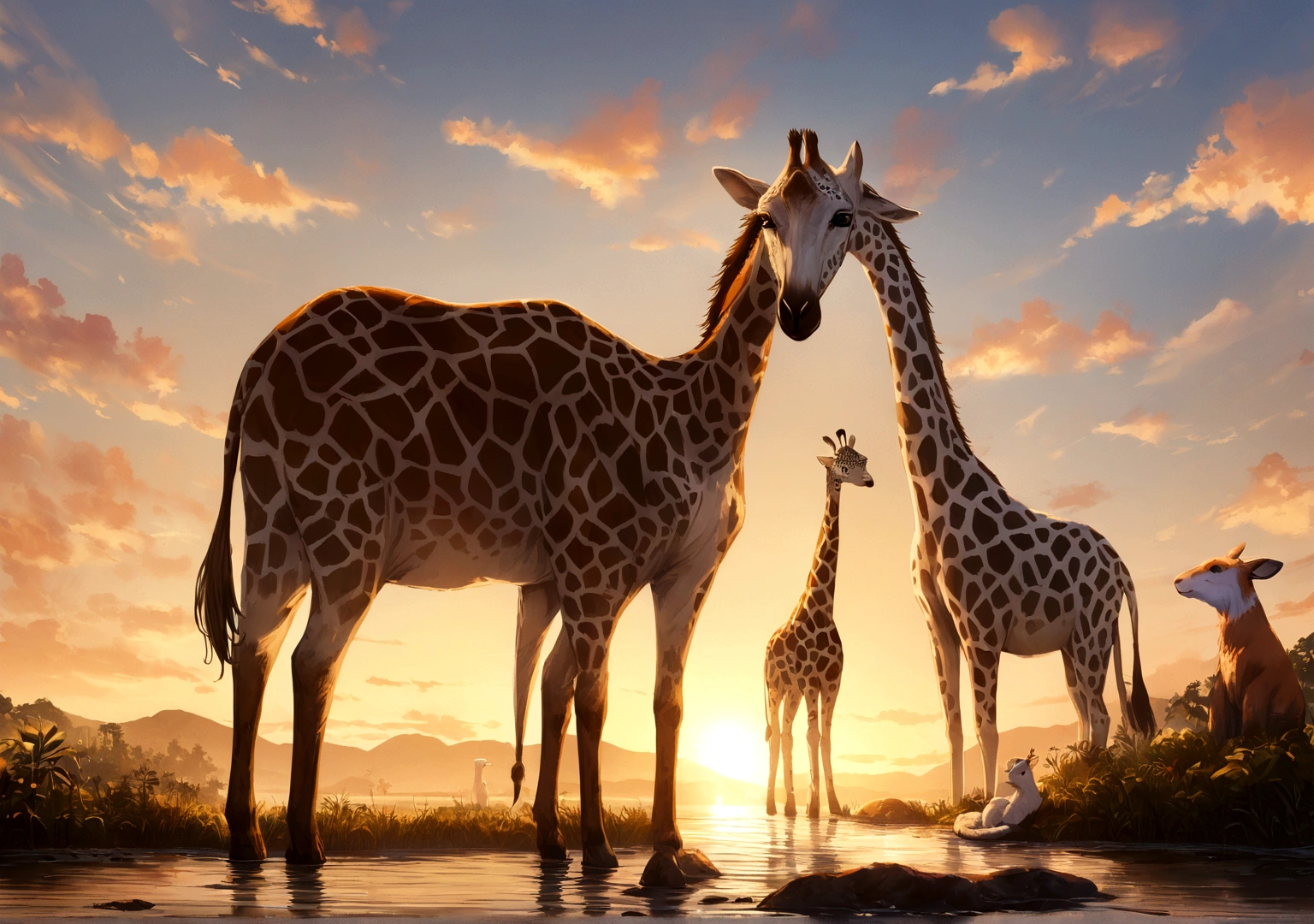 Une girafe courant vers la savane africaine, meilleur fond d'ecran ordinateur, animaux, lac, setting sun, resolution 4k, ultra realiste, savane, avec un oiseau sur une branche d'arbre sur le lac, oiseaux qui volent dans le ciel, differents animaux, 